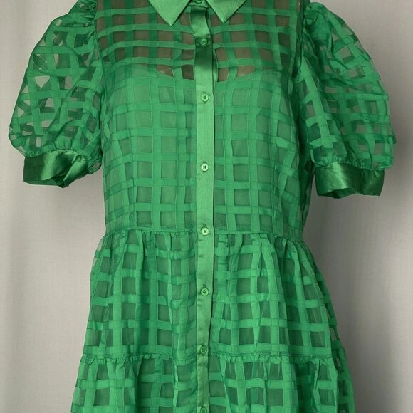 English Factory Women’s Gridded Organza Tiered Button-Up Maxi Dress Green Size M - Picture 10 of 11